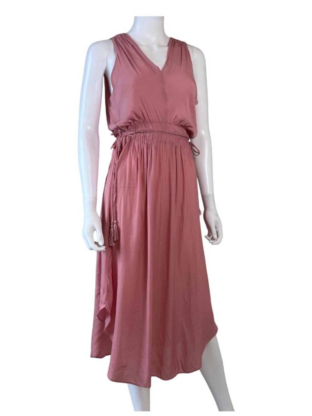 Tahari Size S Dusty Rose Asymmetrical Midi Dress Tassel Tie Waist